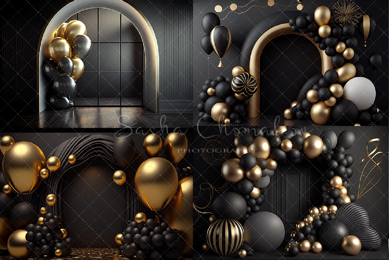 Backdrops black and gold balloons set 1 Ai generated