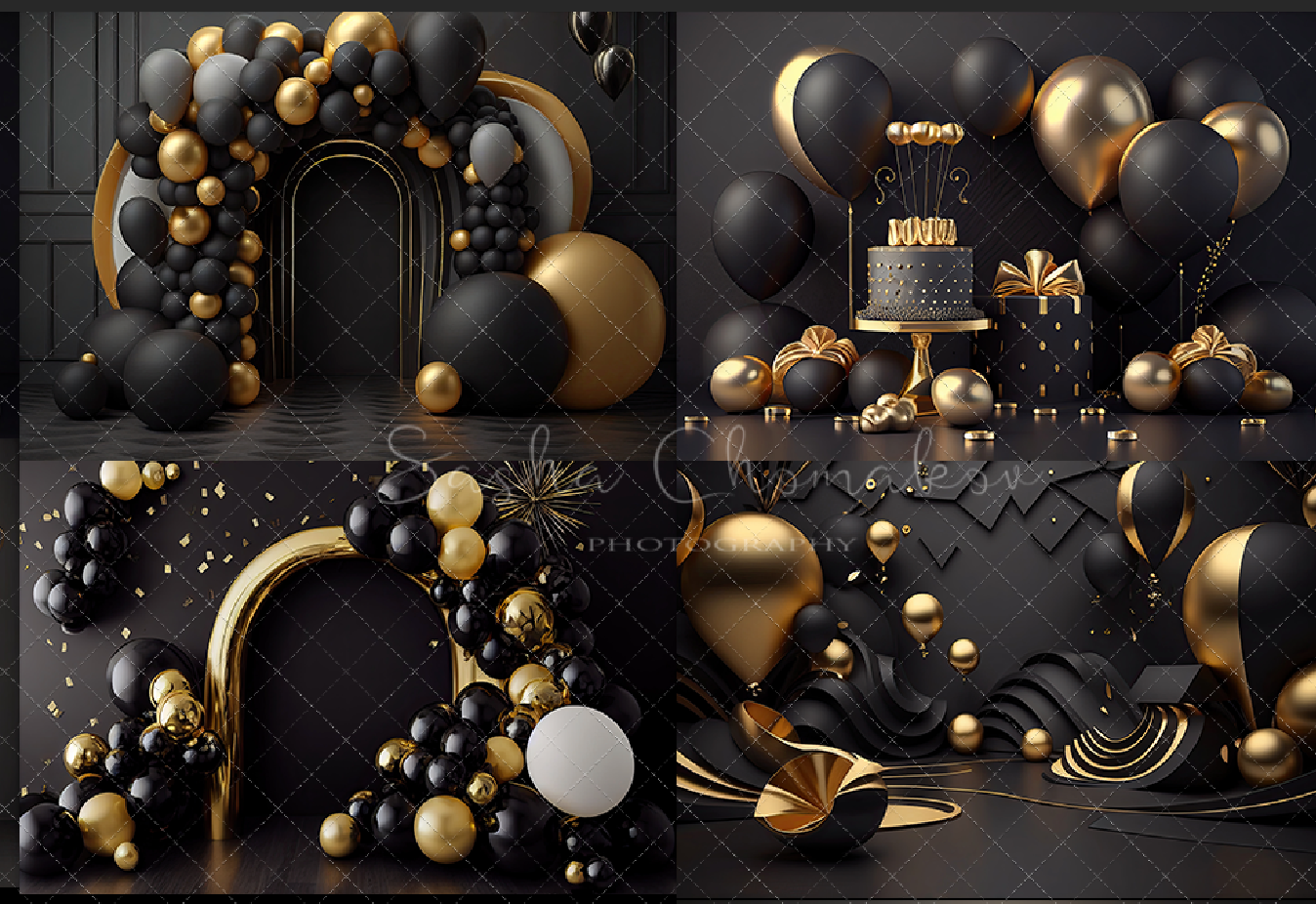 Backdrops black and gold balloons set 1 Ai generated