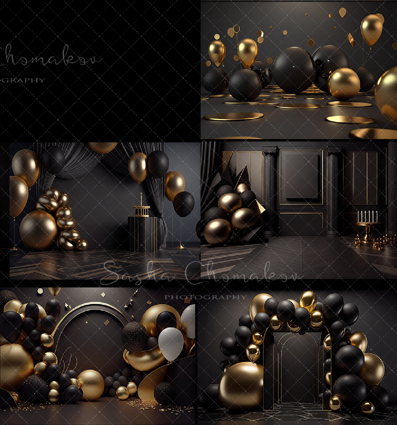 Backdrops black and gold balloons set 1 Ai generated