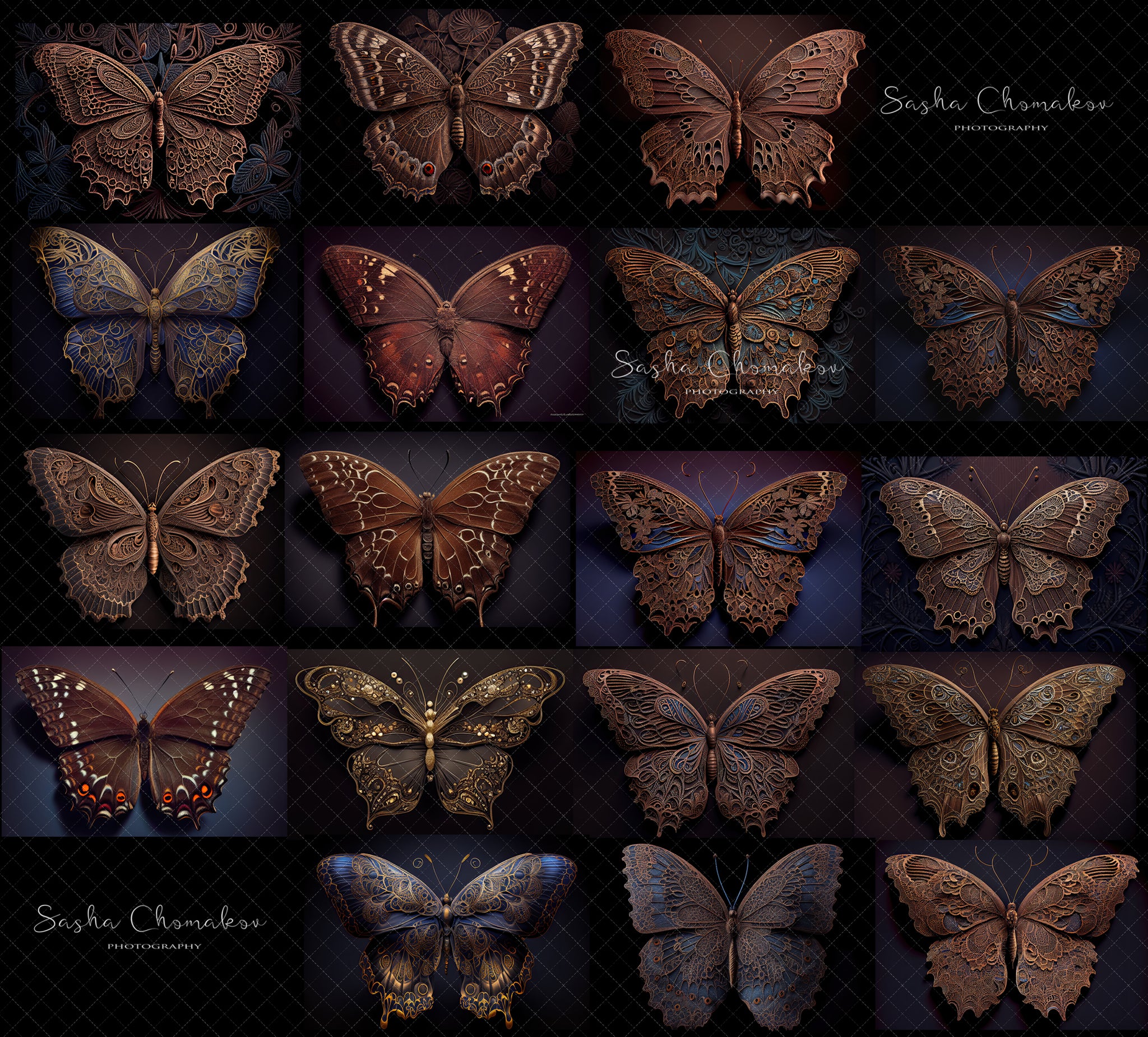 Backdrop butterflies dark brown and blues  Ai generated