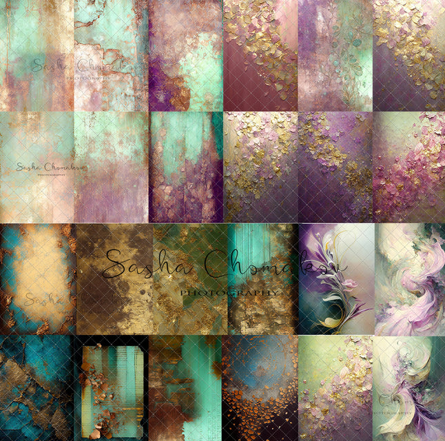 Backdrops purples and greens textures panels Ai generated