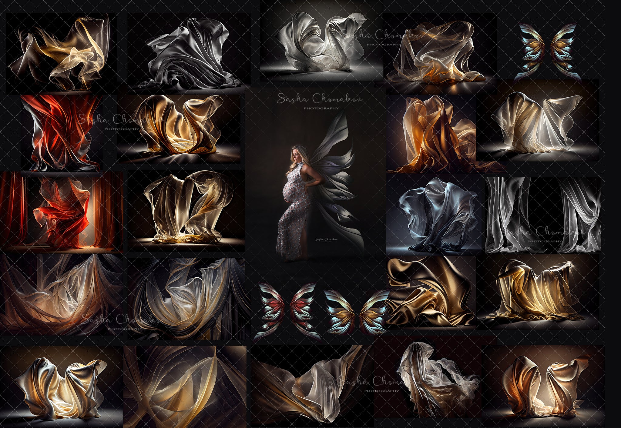 Backdrops shimmering  fabric on dark  set 1 Ai generated