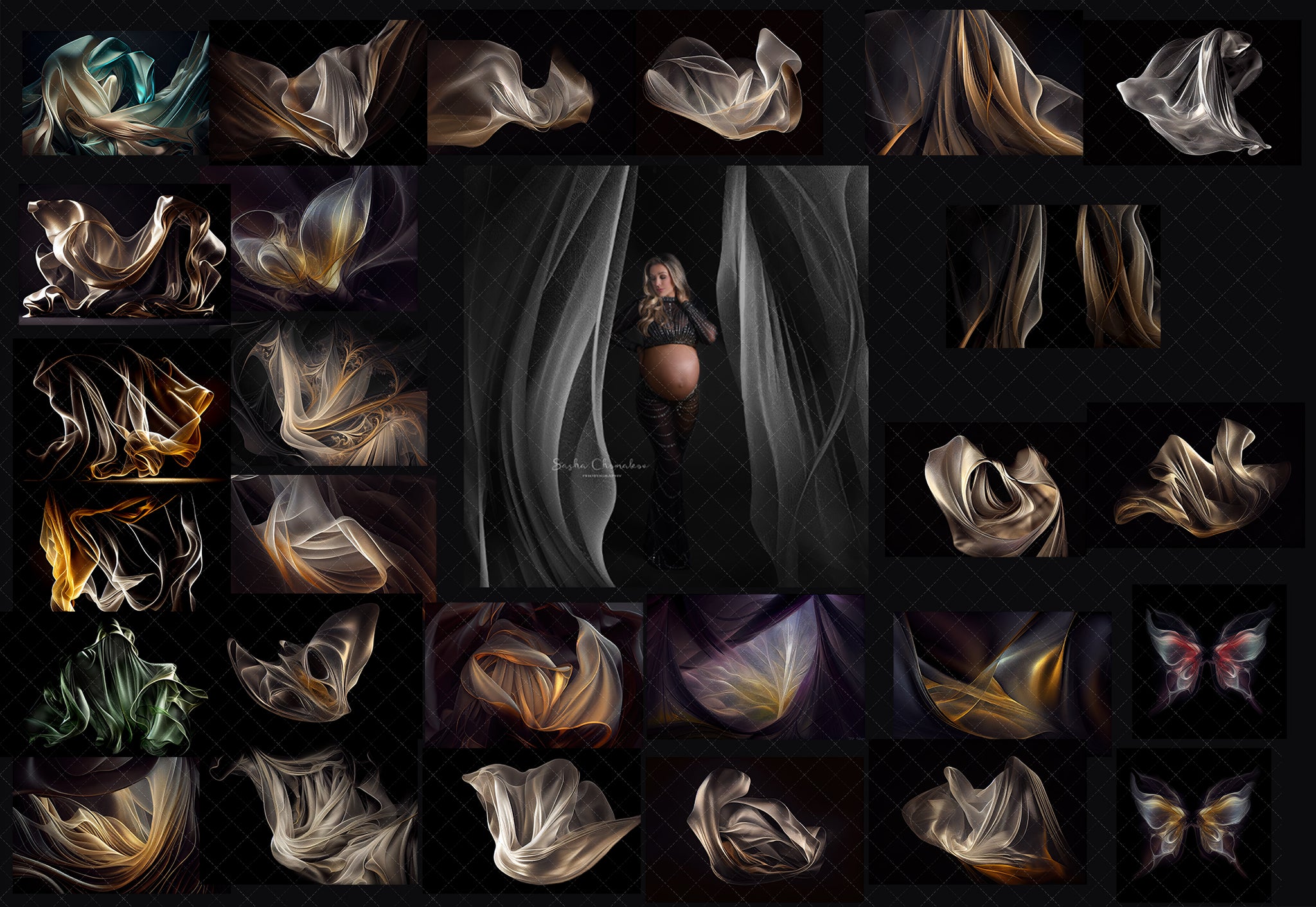 Backdrops shimmering  fabric on dark  set 2 Ai generated